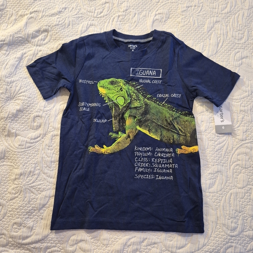 Carter's boys size 6 navy Iguana print short sleeve shirt, NWT